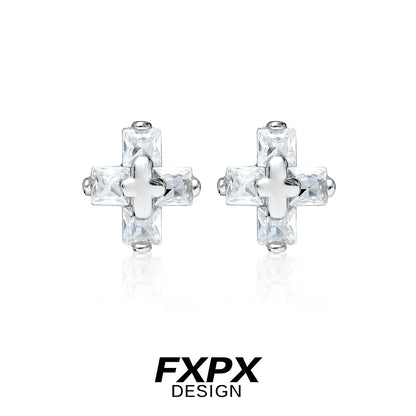 FXPX couple earrings for gothic style featuring sparkling cross design and silver setting
