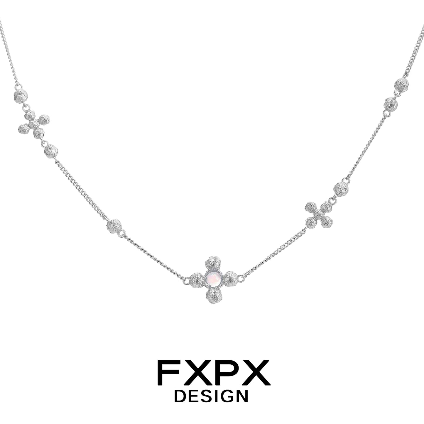 Stylish FXPX cross necklace for women with sparkling embellishments in silver tone