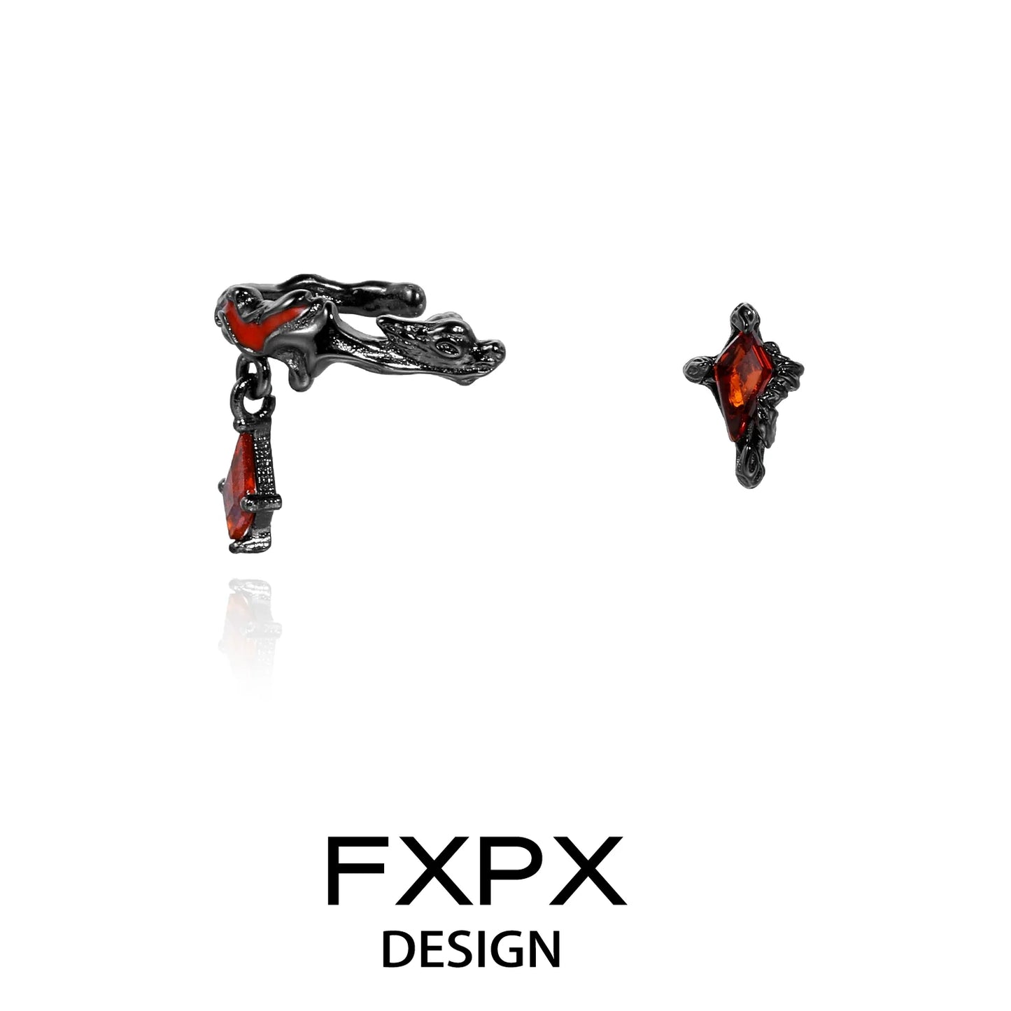 FXPX dark devil heart earrings featuring black metal design and red gemstone accents