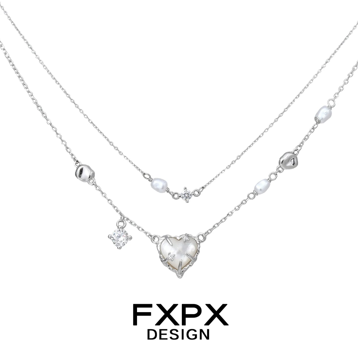 Double layer silver love necklace featuring a heart pendant and decorative beads for elegant styling