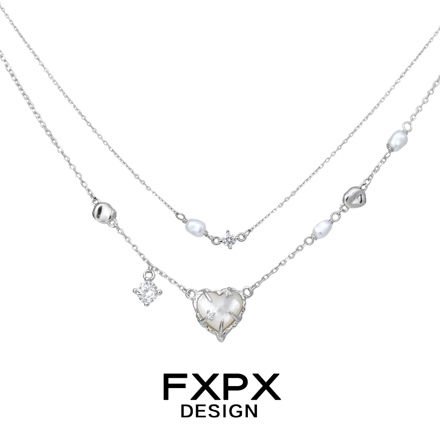 Double layer silver love necklace featuring a heart pendant and decorative beads for elegant styling