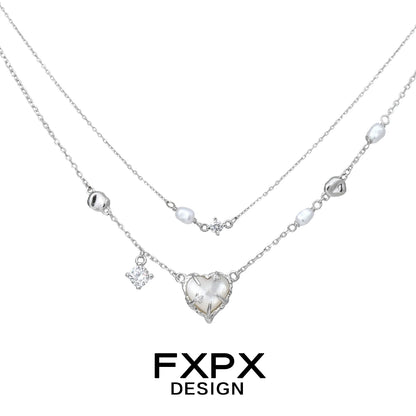Double layer silver love necklace featuring a heart pendant and decorative beads for elegant styling