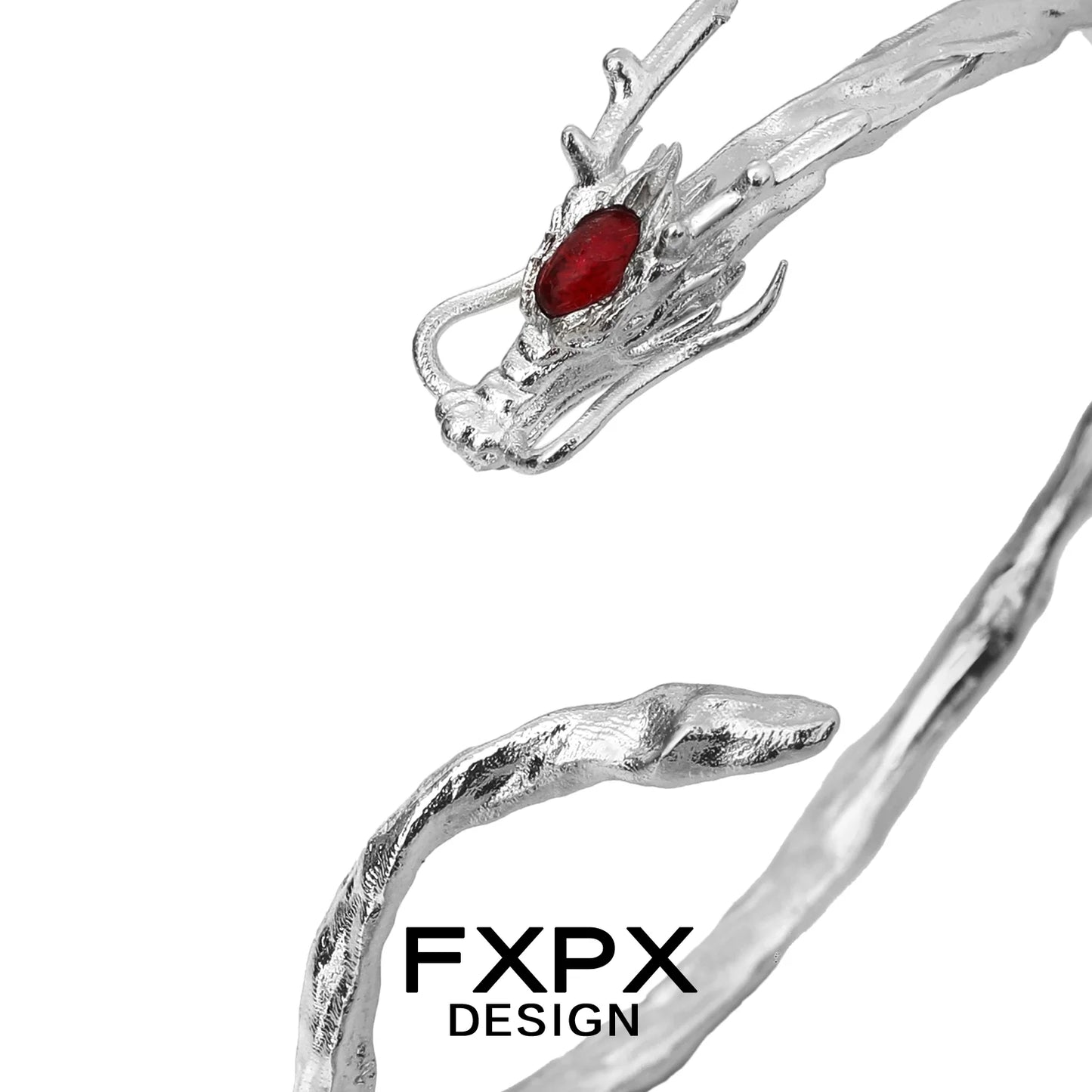 Detailed FXPX dragon guardian silver bracelet featuring an intricate dragon design with a red gemstone accent