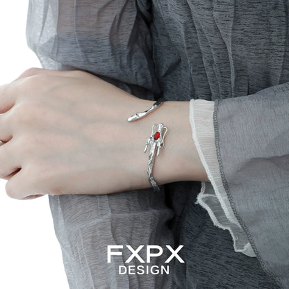 Stylish FXPX dragon guardian silver bracelet featuring a red gemstone detail
