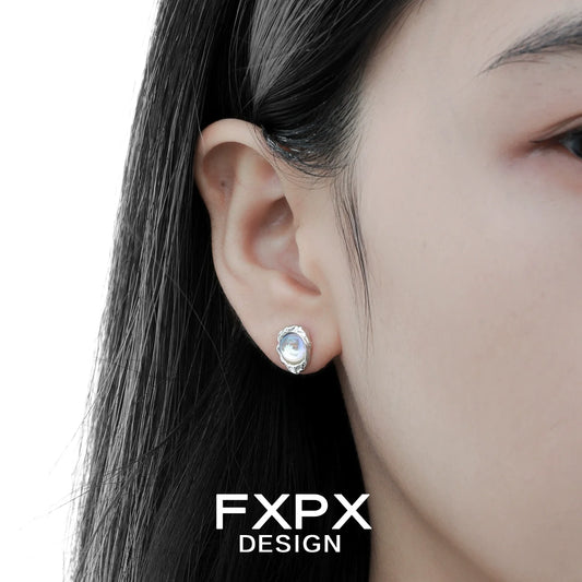 FXPX Dream Moonlight Stud Earrings in Silver with Elegant Pearl Design for Everyday Wear