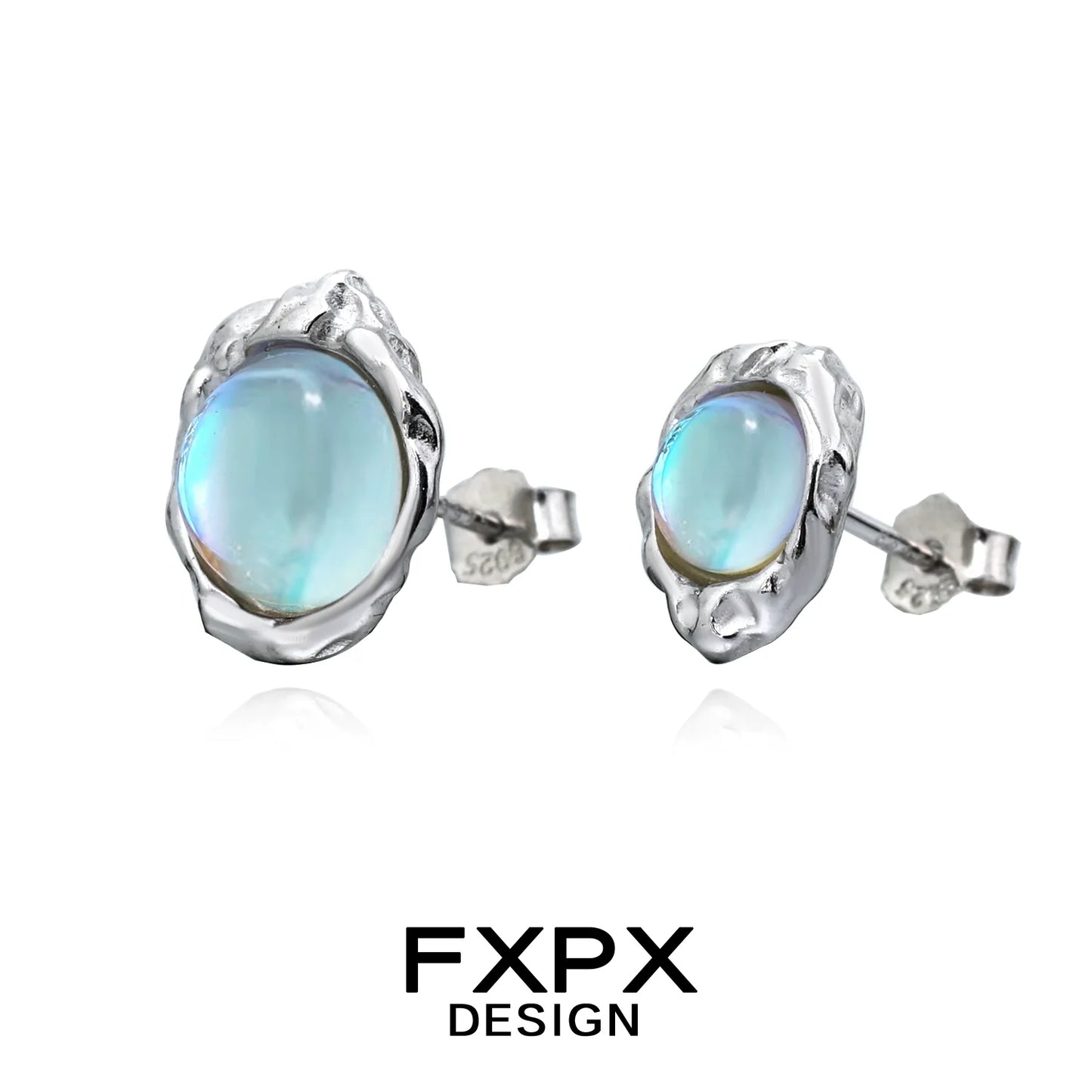 FXPX dream moonlight stud earrings featuring iridescent stones in a textured silver setting