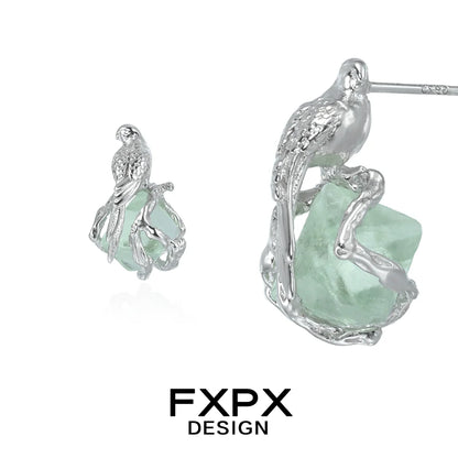 Stylish flying bird fluorite earrings in silver design featuring intricate bird details and green fluorite stone