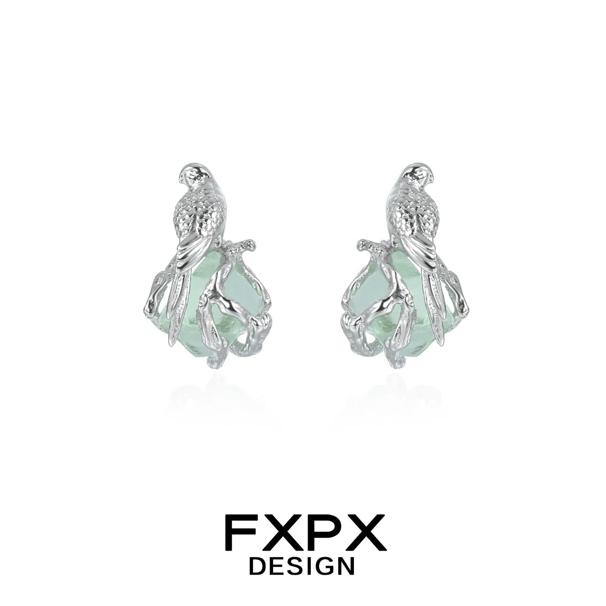 Silver FXPX flying bird fluorite earrings with detailed bird design and elegant gemstone setting