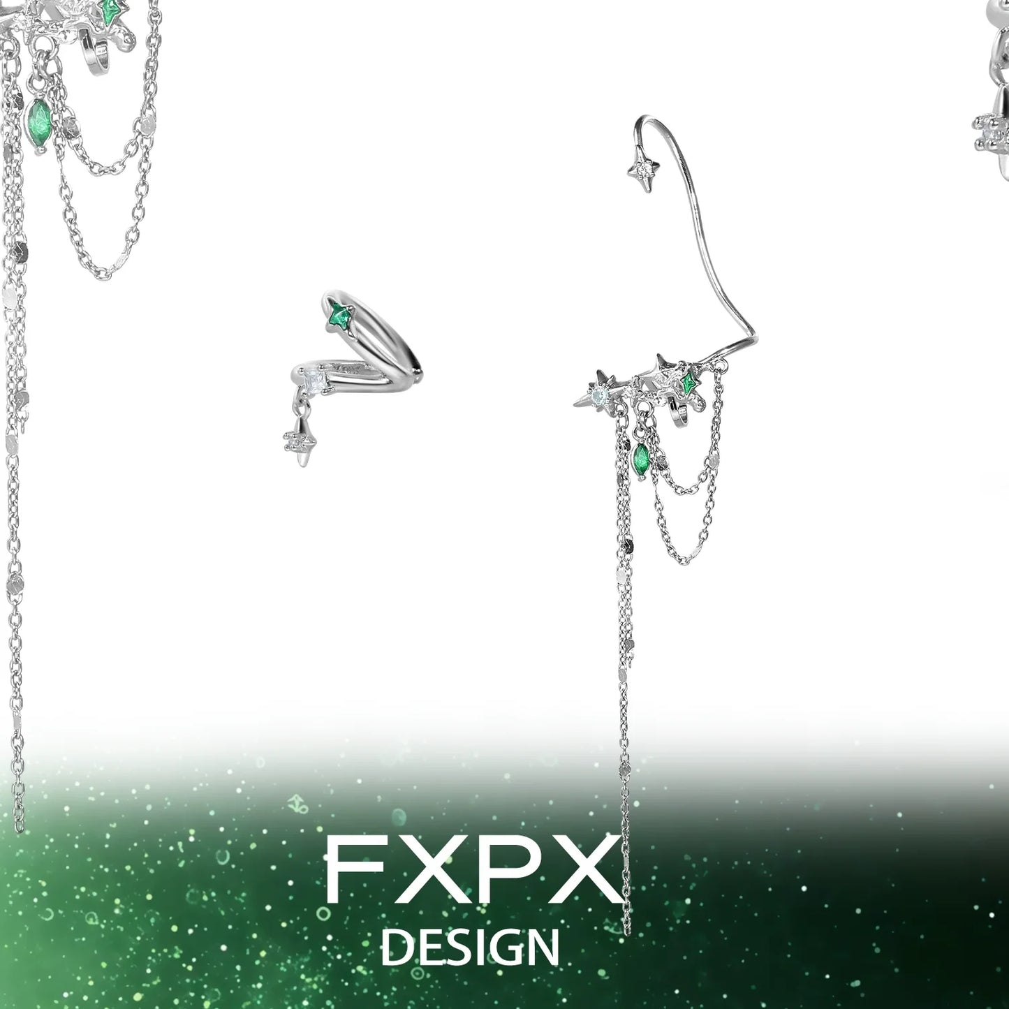 Silver FXPX forest star ear cuff with hanging chains and green gemstone accents for a stylish look