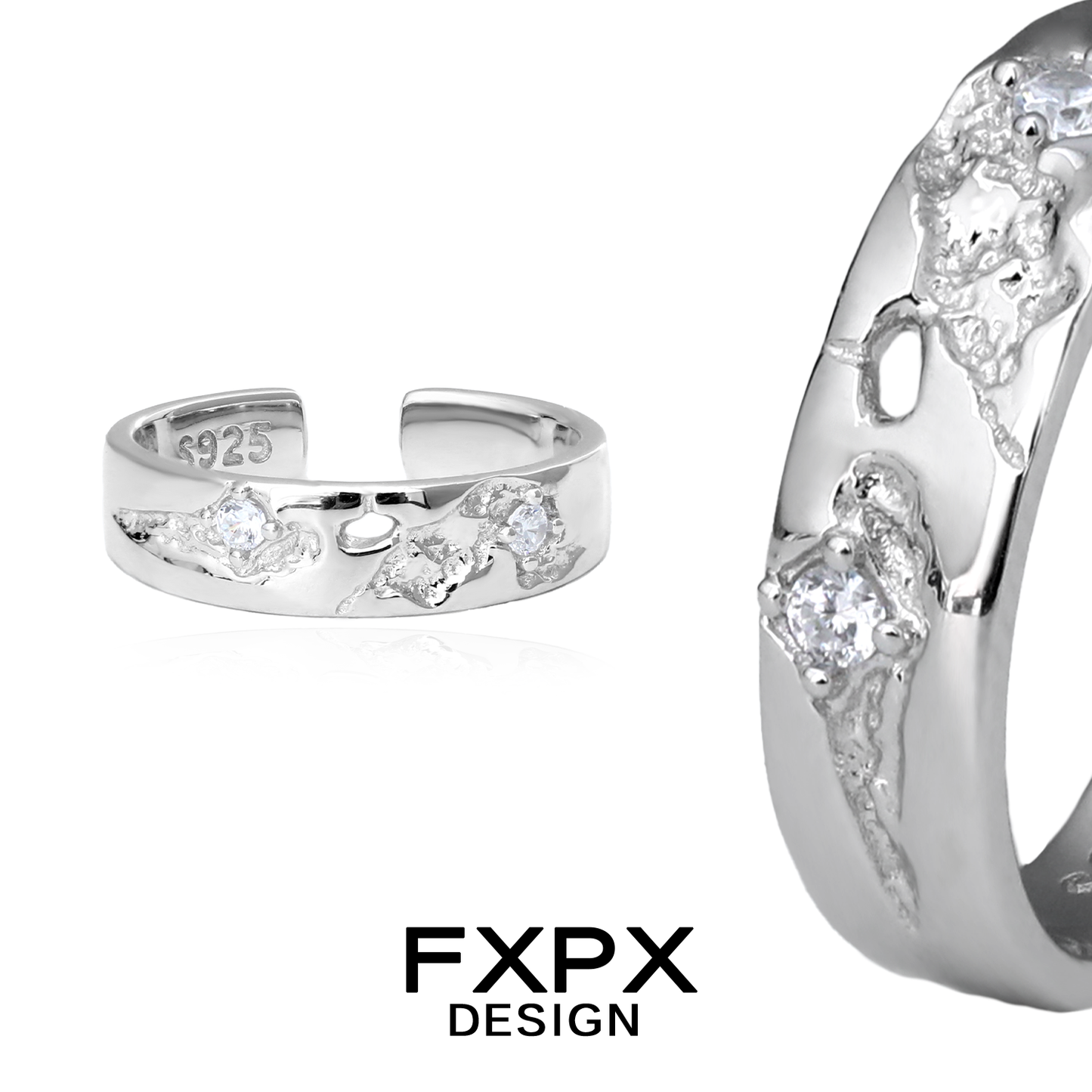 FXPX fractured texture silver ring featuring a unique design with sparkling accents