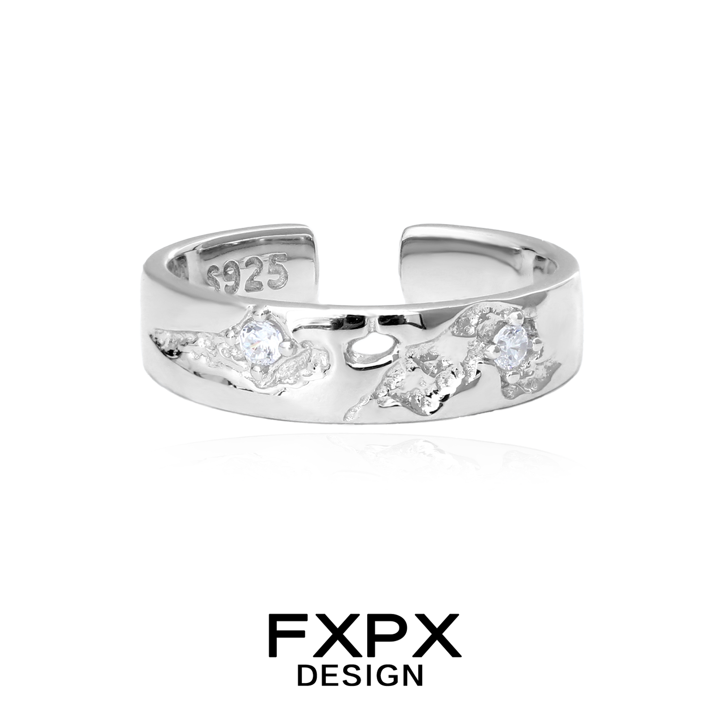 FXPX fractured texture silver ring featuring a unique design with sparkling accents