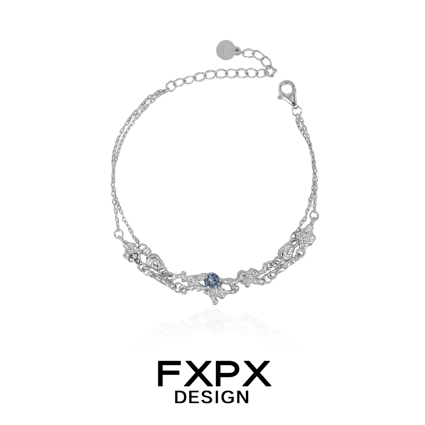 FXPX Design Frost Blue Zircon Bracelet with Intricate Silver Chain Detailing for Elegant Style