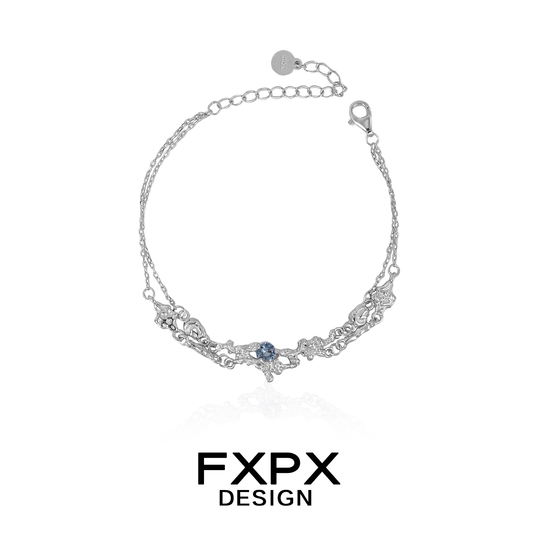 FXPX Design Frost Blue Zircon Bracelet with Intricate Silver Chain Detailing for Elegant Style