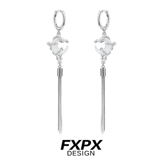 FXPX frosted tassel earrings with silver accents and elegant design for stylish outfits