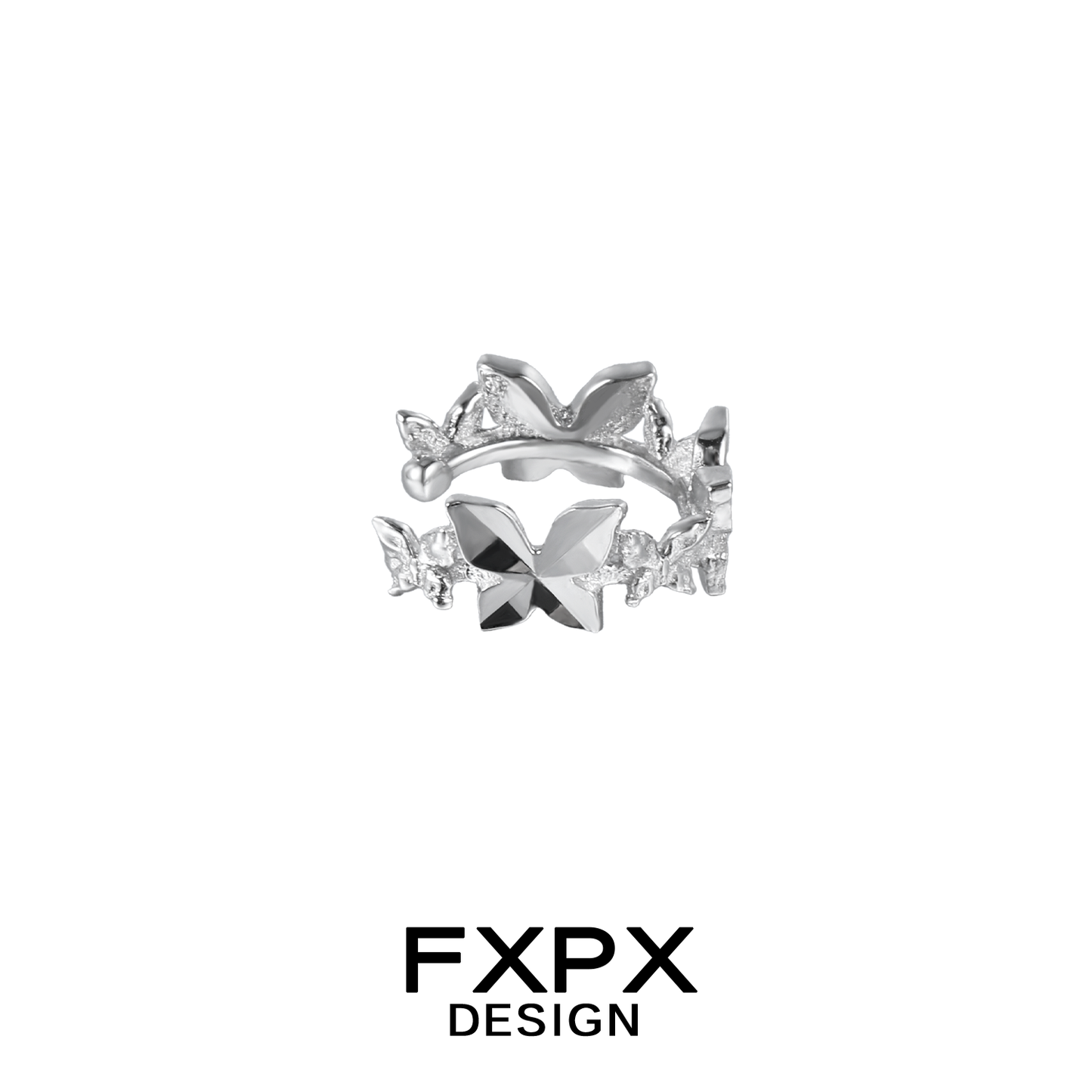FXPX futuristic butterfly ear cuff with intricate design and shiny silver finish