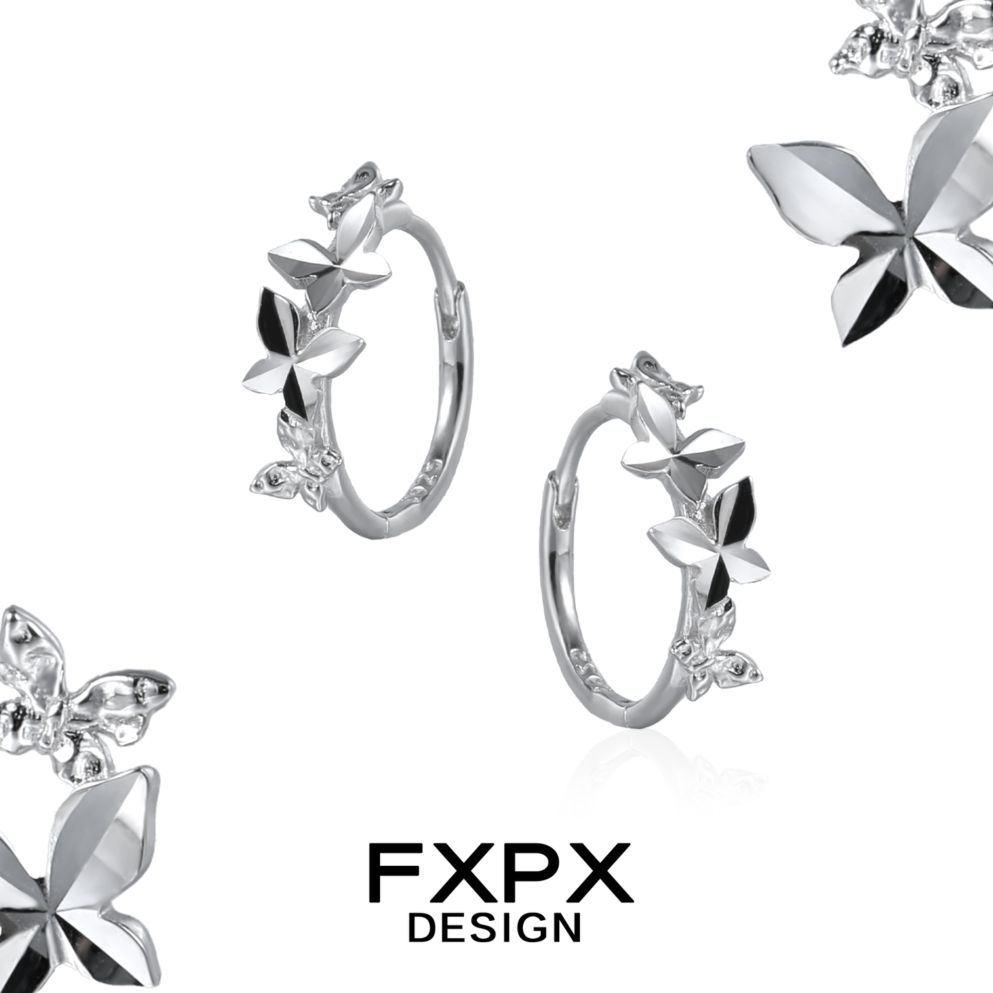 Silver FXPX futuristic butterfly earrings with a stylish floral design for a modern look