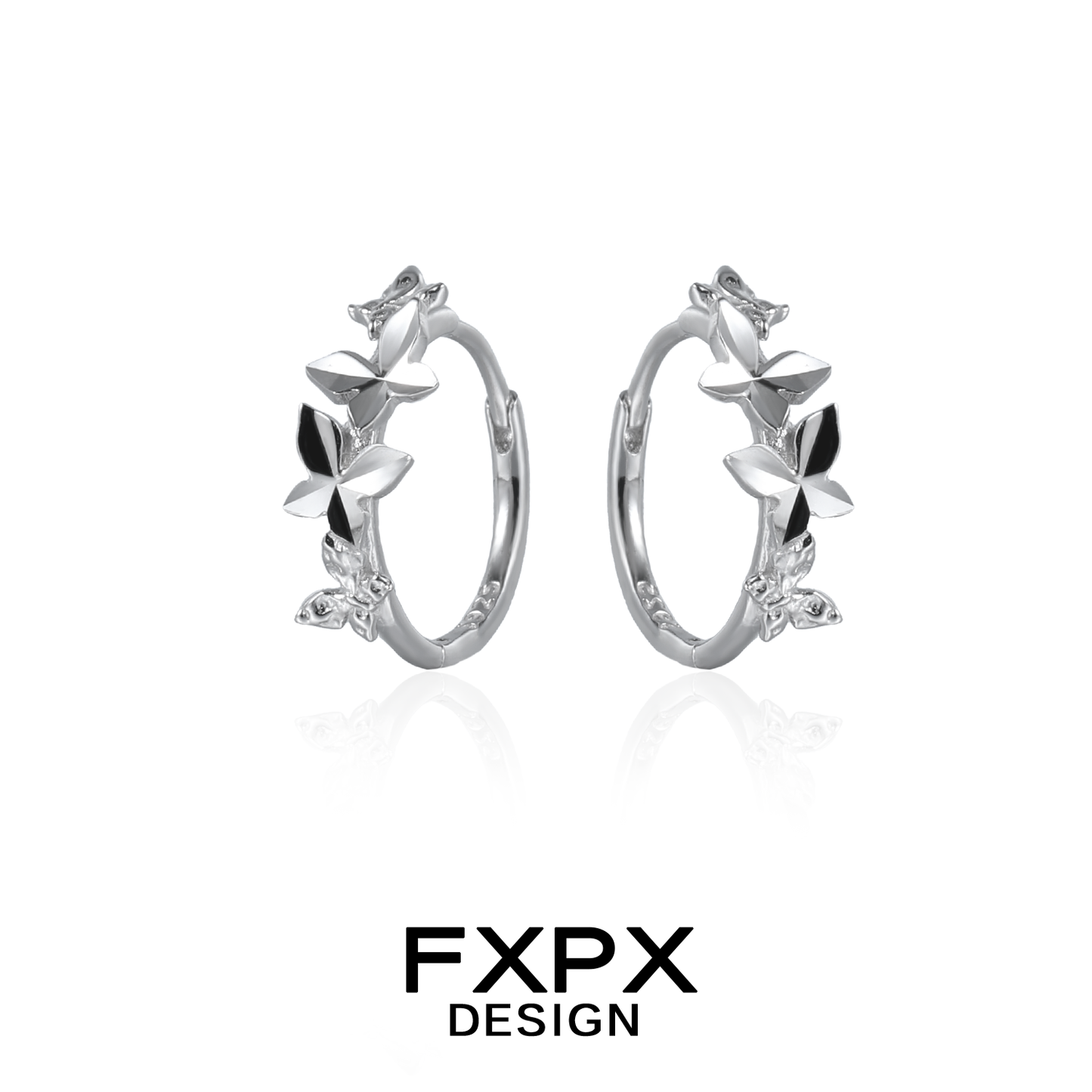 FXPX futuristic butterfly earrings in silver with intricate floral designs for modern fashion lovers
