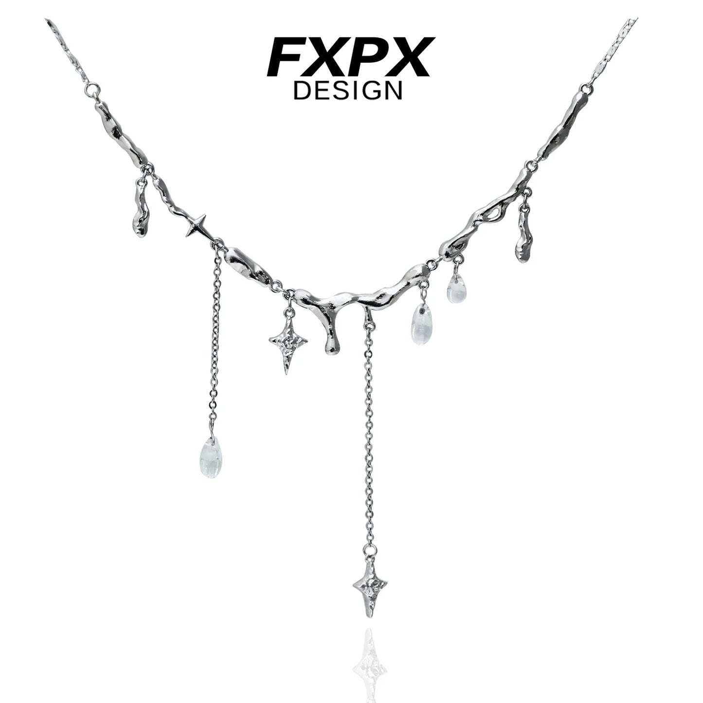 FXPX Galactic Meteor Tassel Necklace with Unique Silver Design and Dazzling Pendants