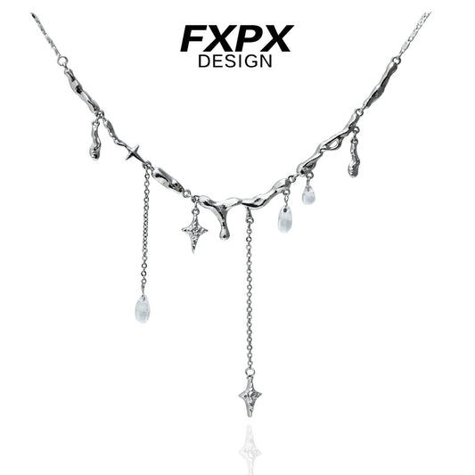 FXPX Galactic Meteor Tassel Necklace with Unique Silver Design and Dazzling Pendants