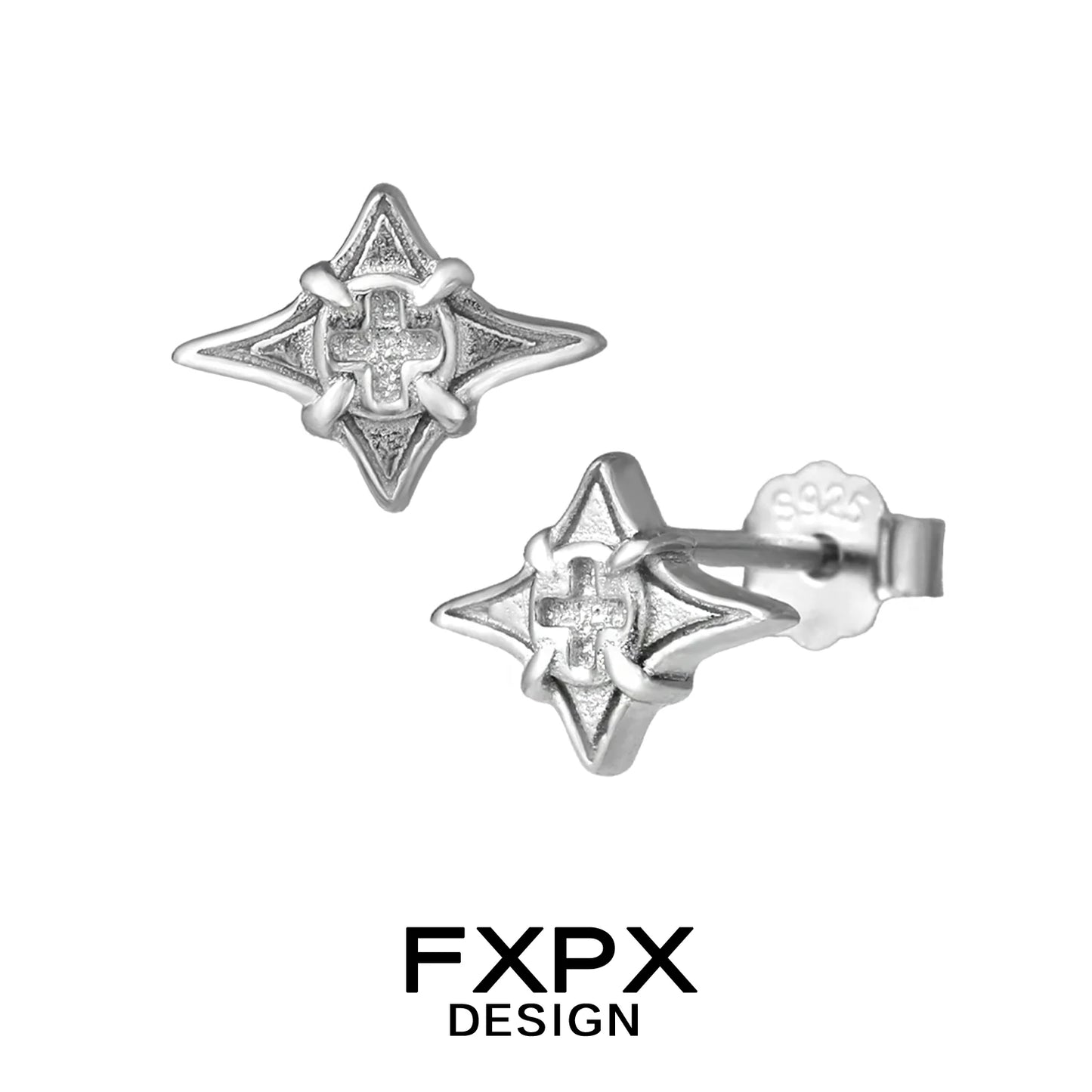 Silver FXPX geometric star cross stud earrings with intricate detailing for elegant style