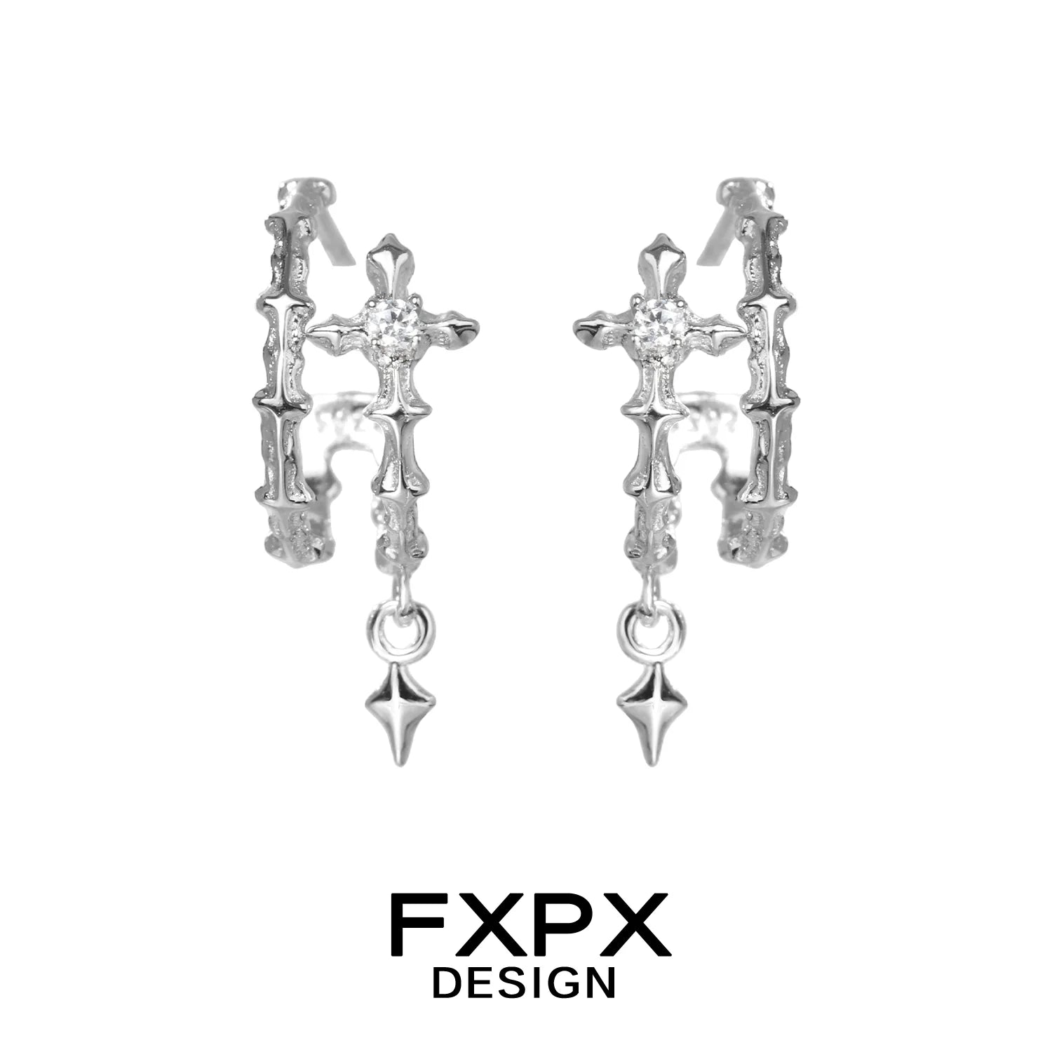 Modern FXPX geometry silver earrings with intricate design and dangling accents