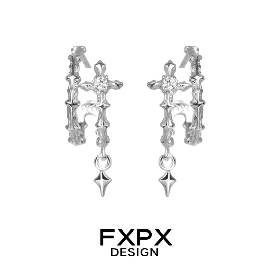Modern FXPX geometry silver earrings with intricate design and dangling accents