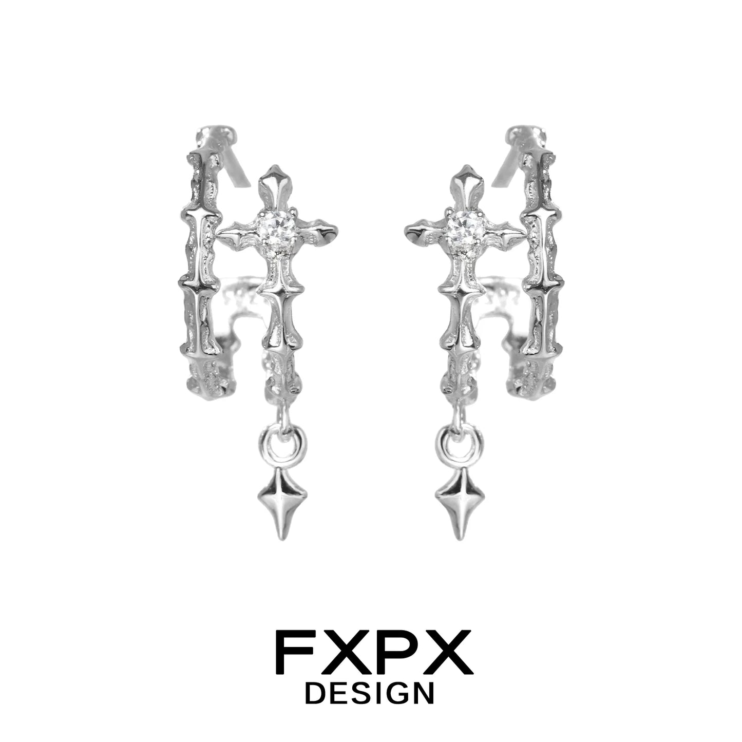 FXPX geometry silver earrings featuring a unique geometric design with intricate detailing