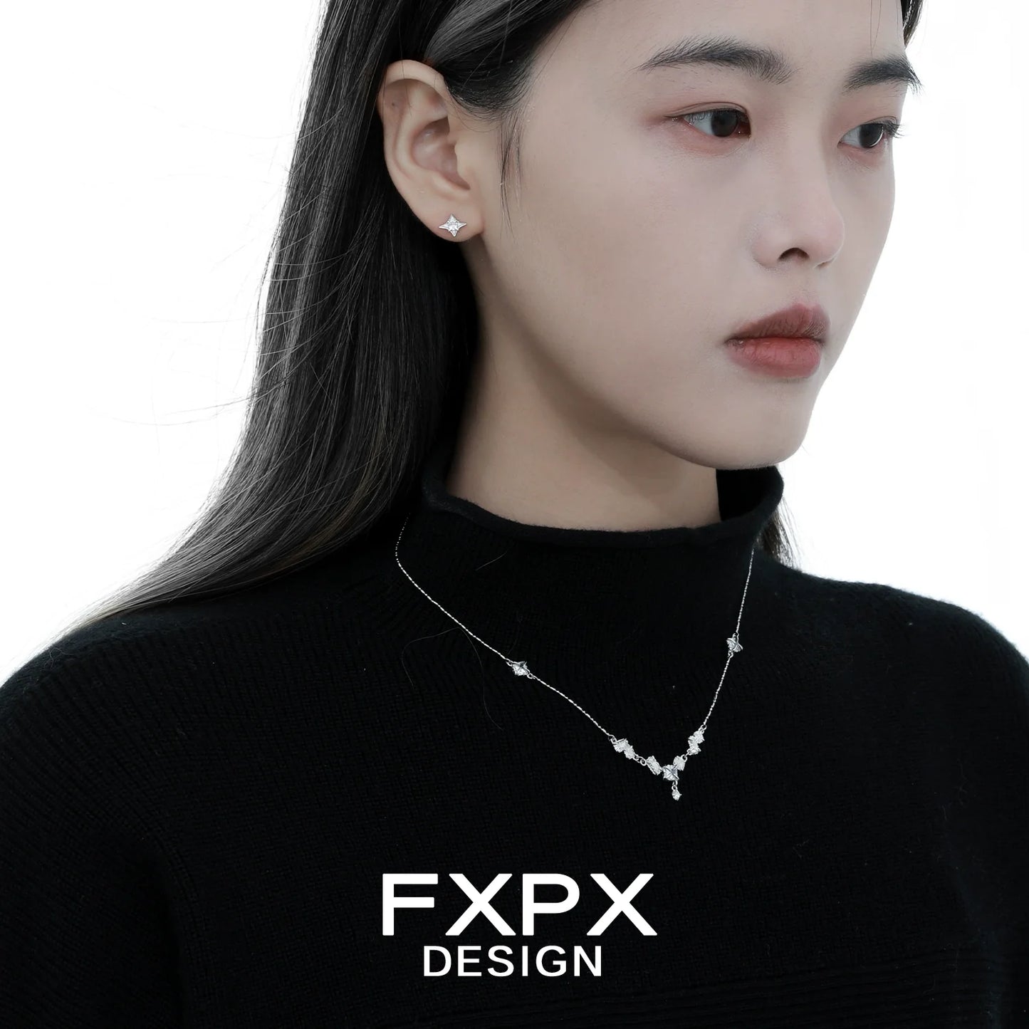 Model showcasing FXPX glacier shine silver necklace with elegant design and matching earrings