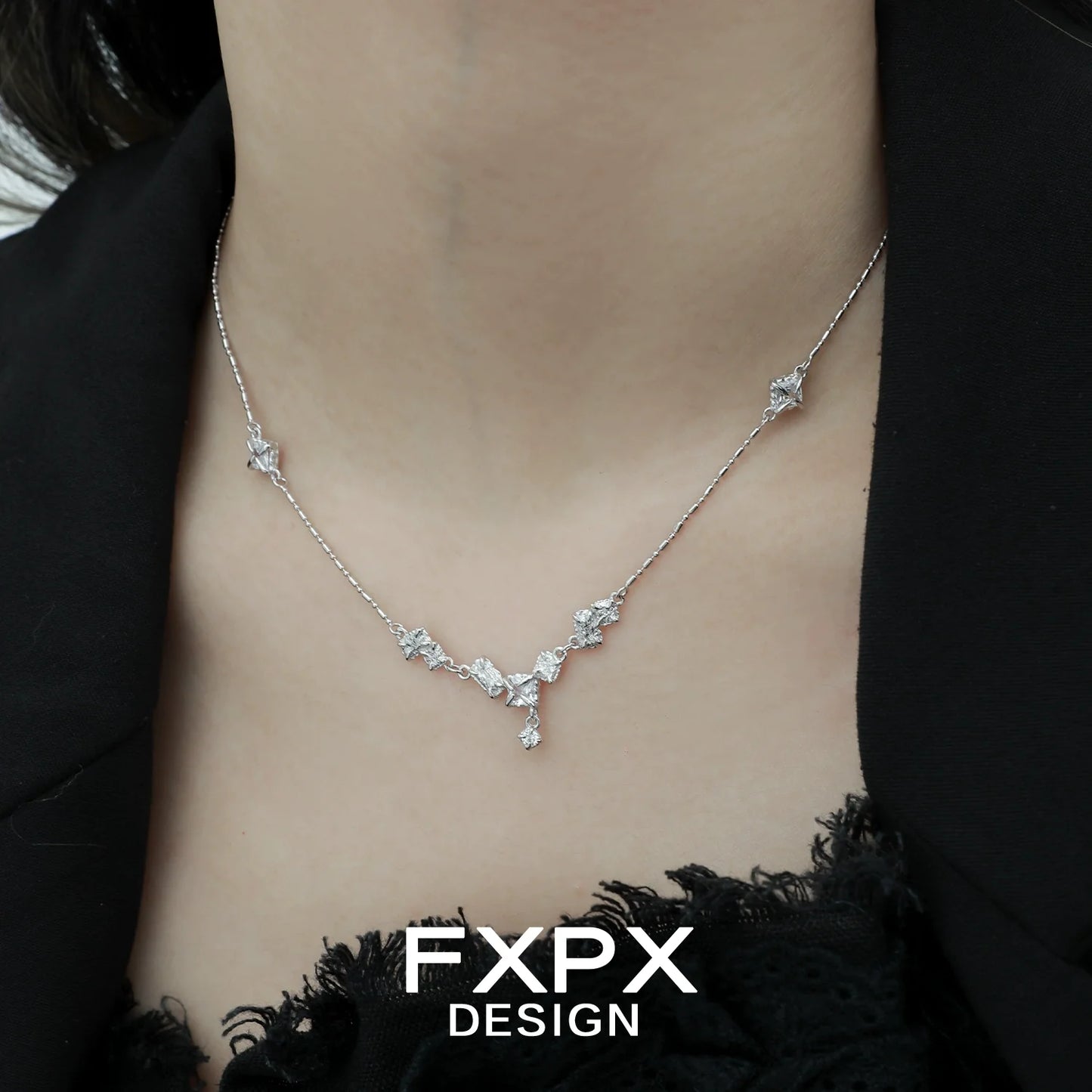 Elegant FXPX glacier shine silver necklace with delicate floral design for a sophisticated look