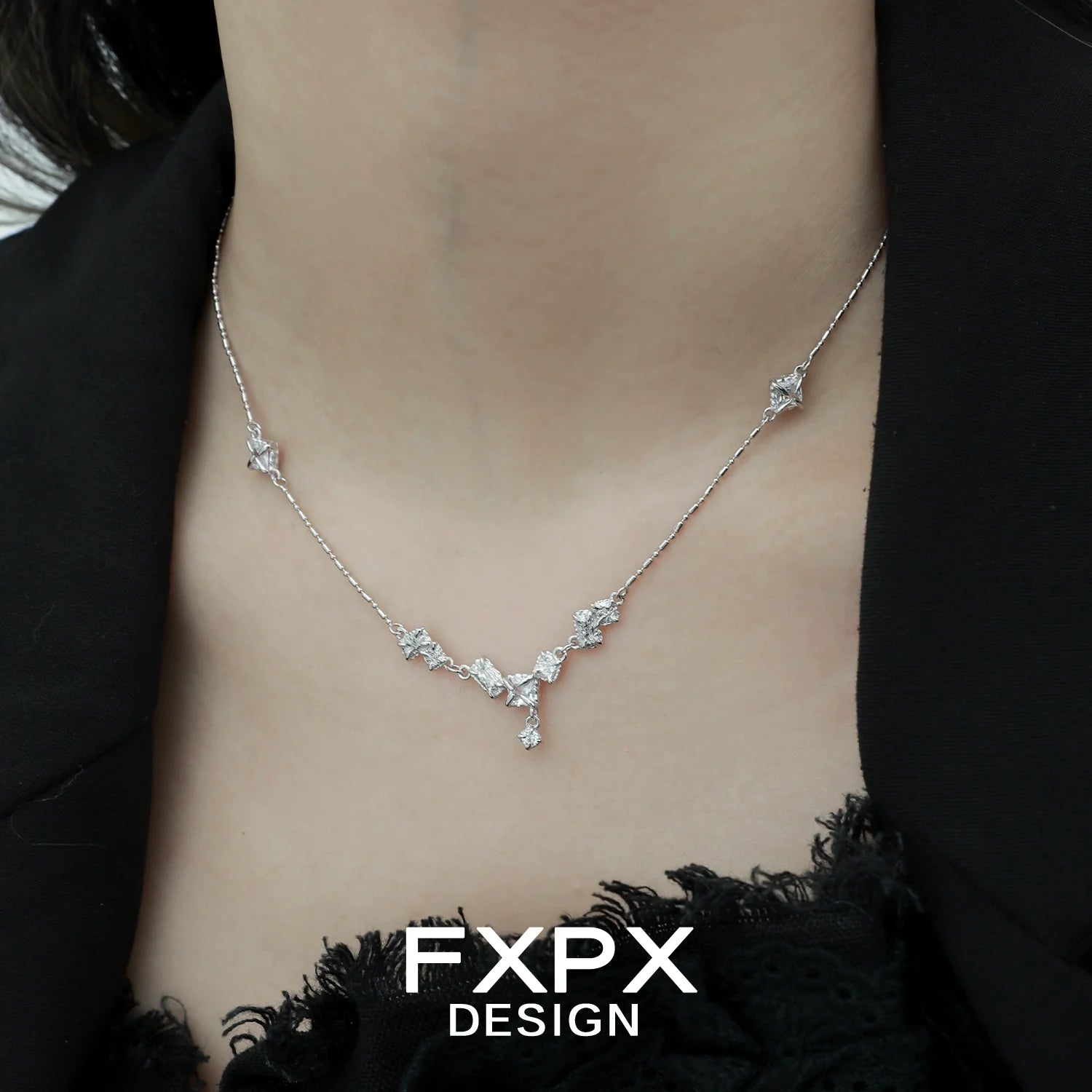 Elegant FXPX glacier shine silver necklace with delicate floral design for a sophisticated look