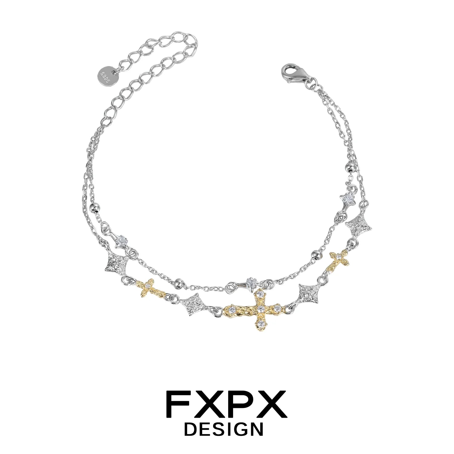 FXPX gold cross silver bracelet featuring intricate design and sparkling accents