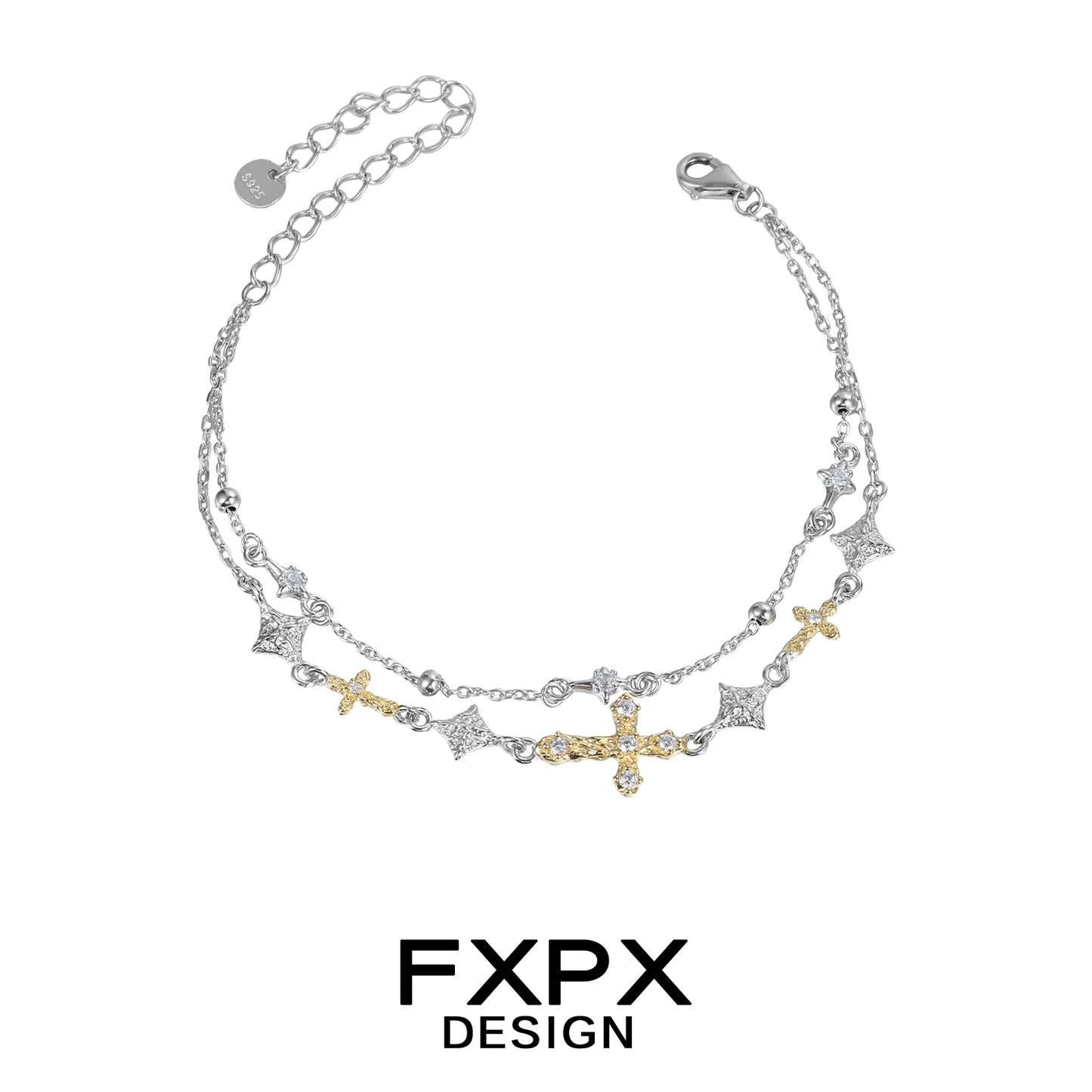 FXPX gold cross silver bracelet featuring stylish gold and silver design with decorative charms