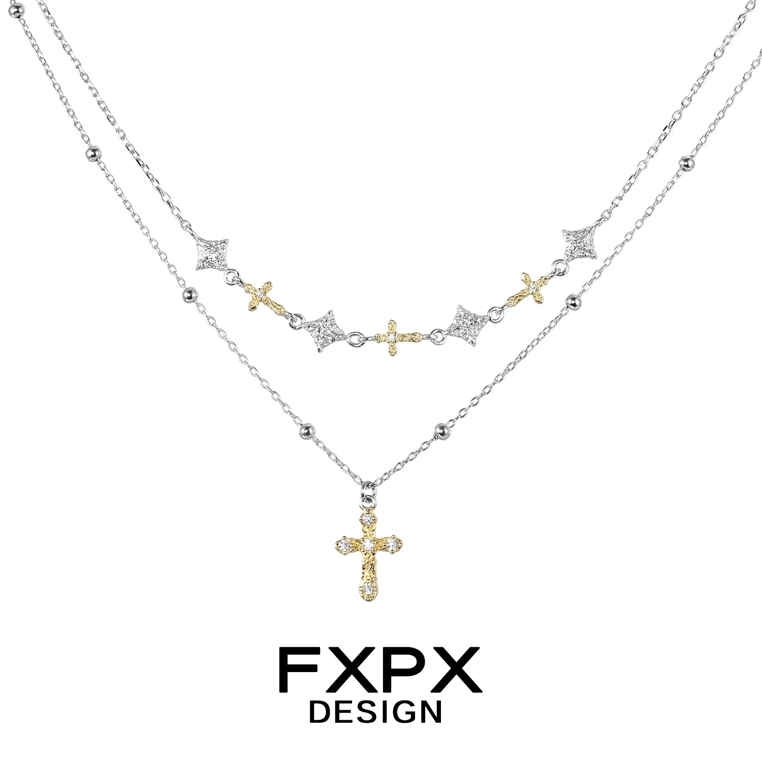 Two-layer FXPX gold faith cross necklace featuring sparkling diamonds and elegant design