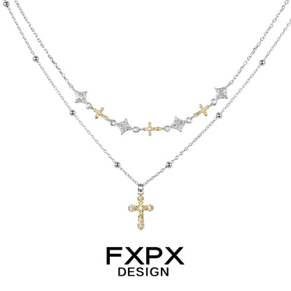 Elegant FXPX gold faith cross necklace with layered silver chains and sparkling accents