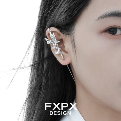 Silver Gothhalo jewelry butterfly agate earring worn on the ear with intricate fairy design by FXPX
