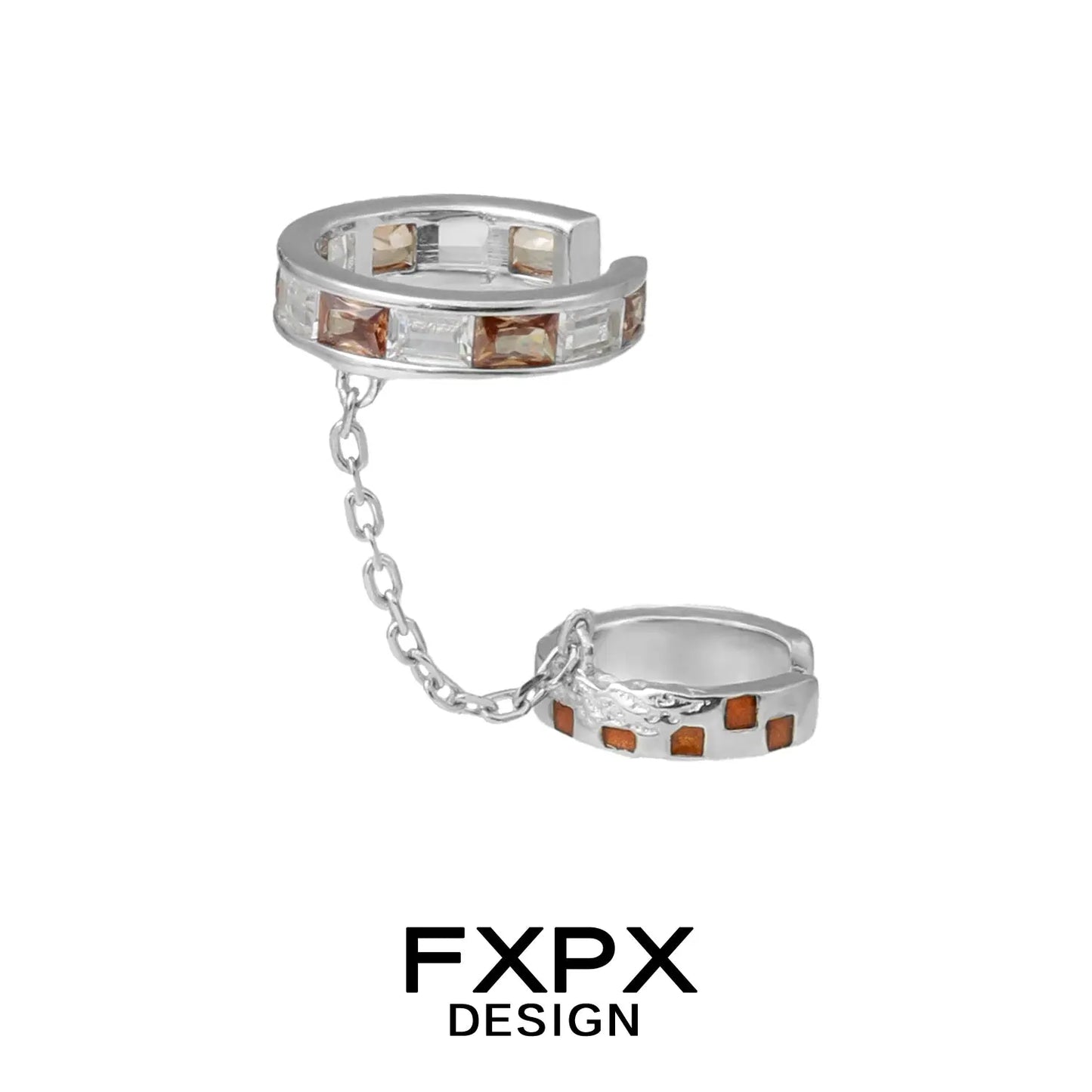 Gothhalo jewelry checkerboard ear cuff in silver with brown and clear stones connected by a chain