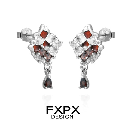 Gothhalo jewelry gothic checkerboard earrings with silver and red gemstone design