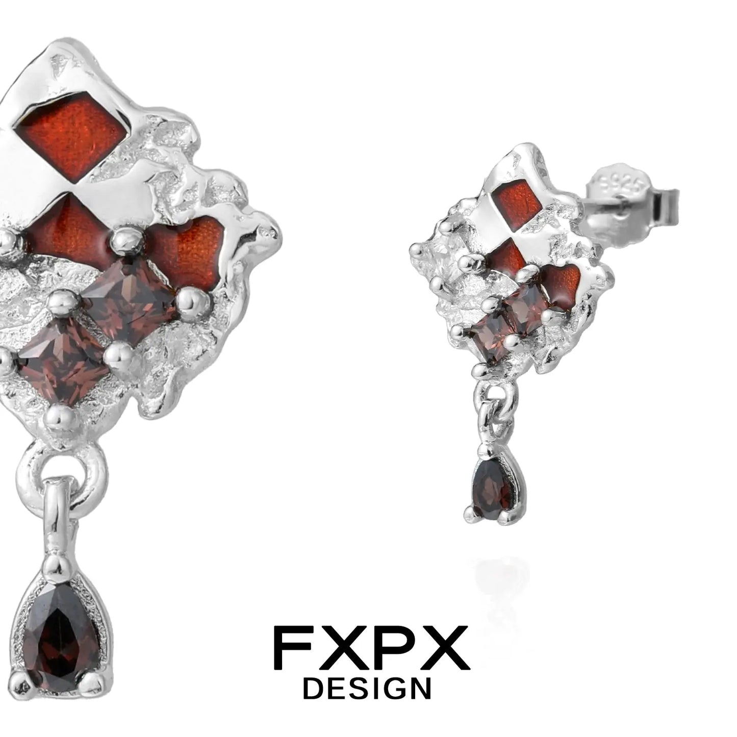 Gothhalo jewelry gothic checkerboard earrings with red stones and silver metal design