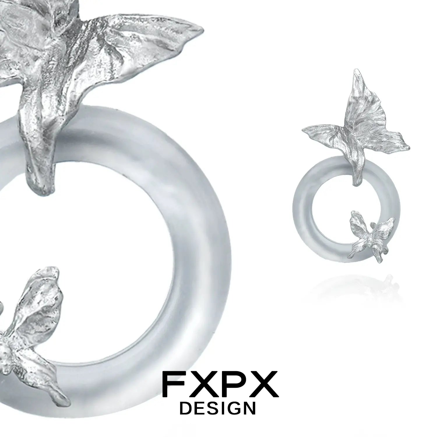 FXPX Gothhalo jewelry modern butterfly hoop earrings with translucent circular hoops and silver butterfly accents