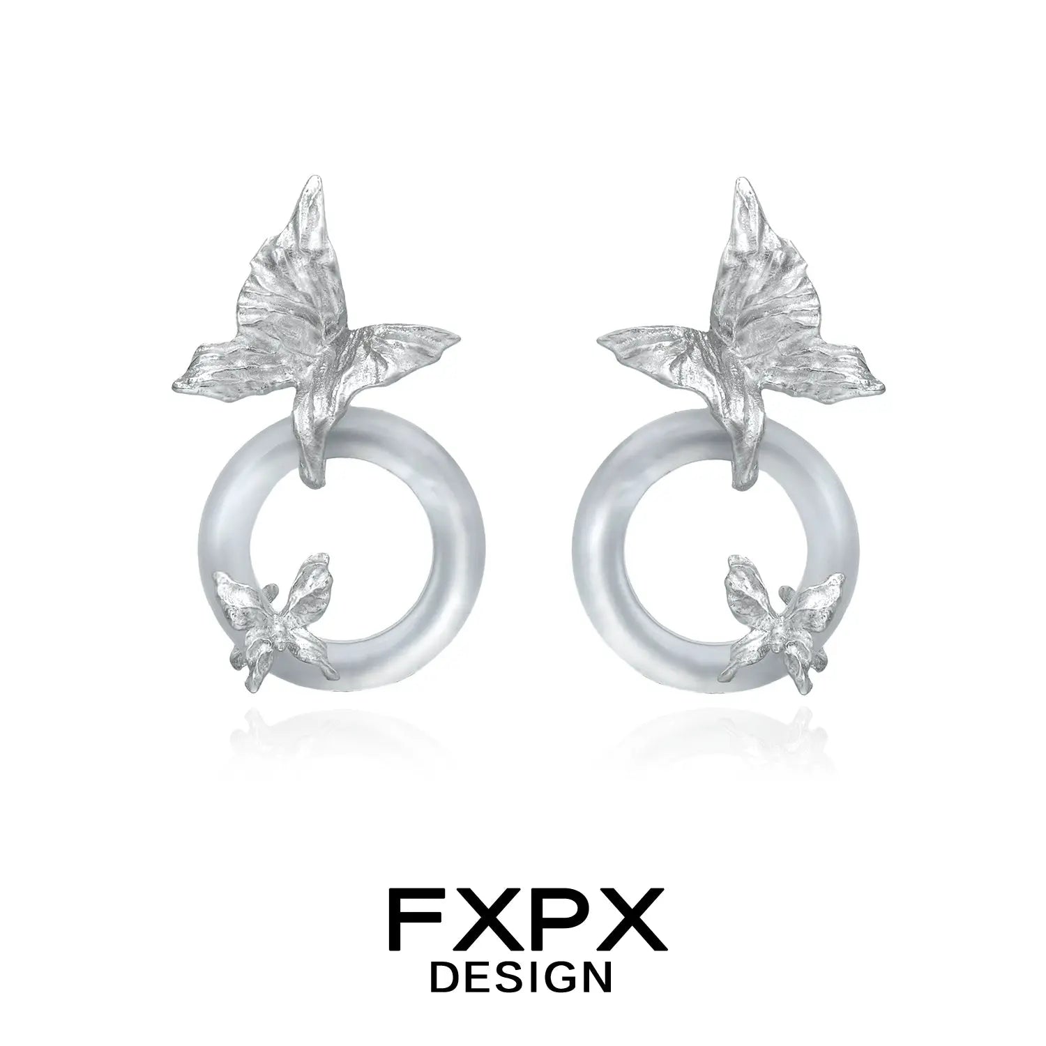 FXPX Gothhalo jewelry modern butterfly hoop earrings with silver butterfly details on translucent hoops