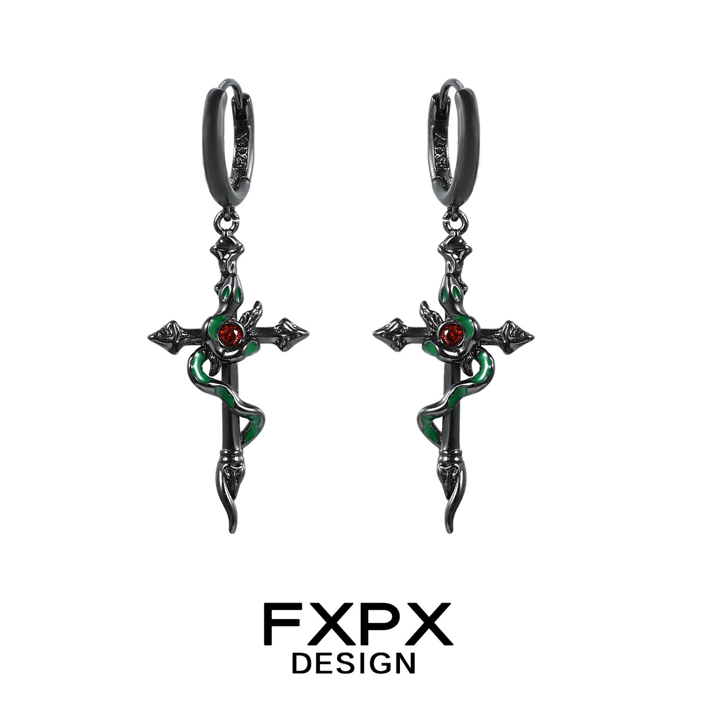 Gothic black viper snake earrings with cross design and red gemstone accents by FXPX