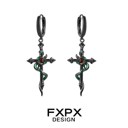 Gothic black viper snake earrings with cross design and red gemstone accents by FXPX