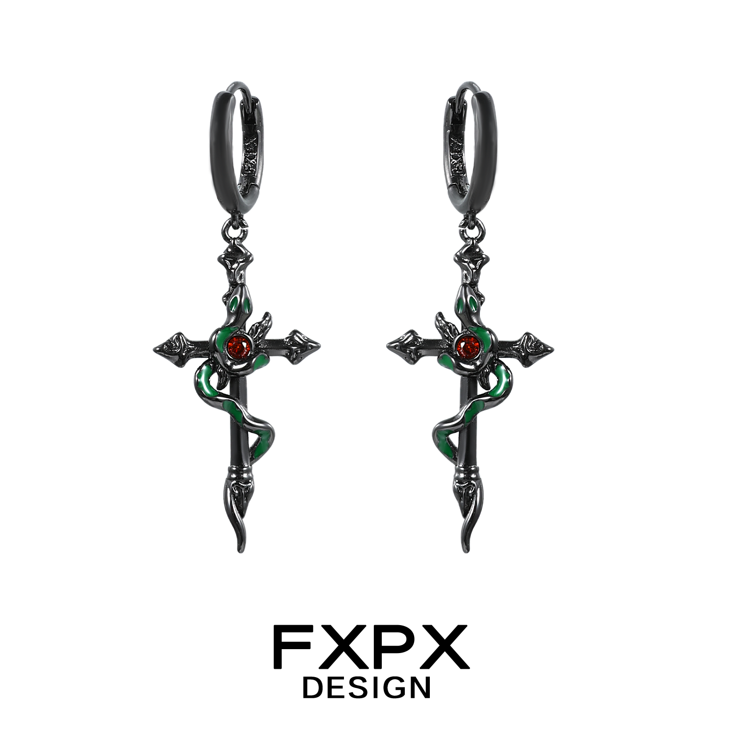 FXPX gothic black viper snake earrings with a cross design and green detailing