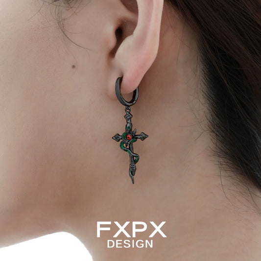 Gothic black viper snake earrings featuring a cross design with a green snake and red accent
