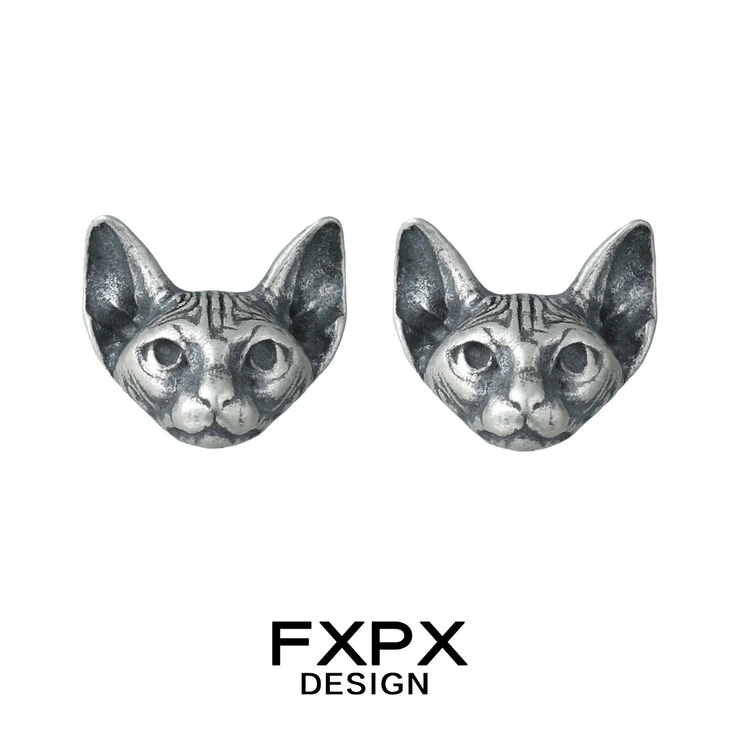 FXPX gothic cat earrings featuring detailed cat face design in silver tone