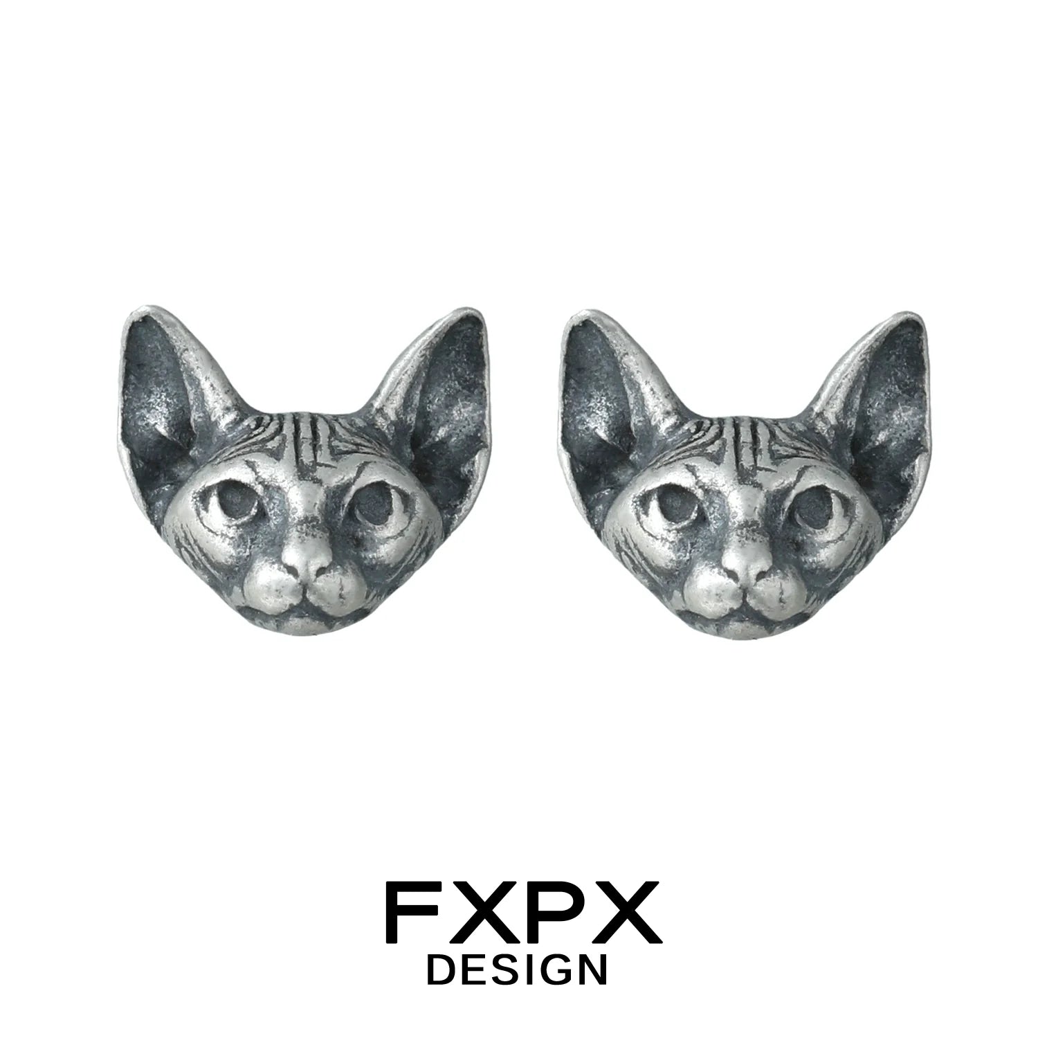 FXPX gothic cat earrings featuring detailed cat face design in silver tone
