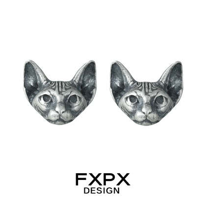 FXPX gothic cat earrings featuring detailed cat face design in silver tone