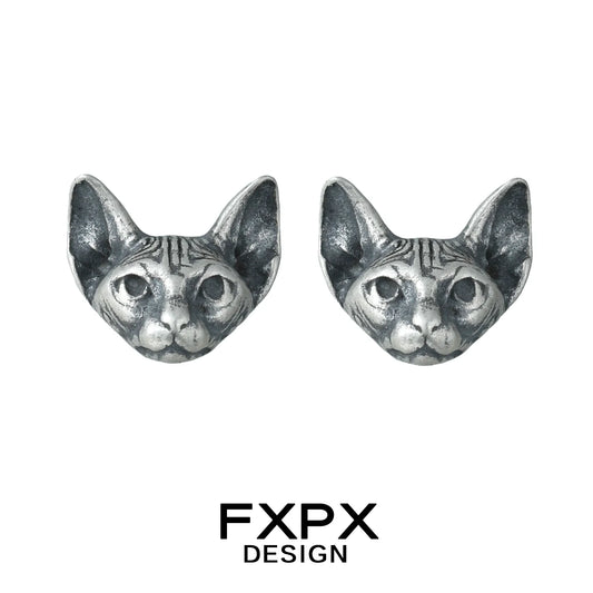 FXPX gothic cat earrings featuring detailed cat face design in silver tone