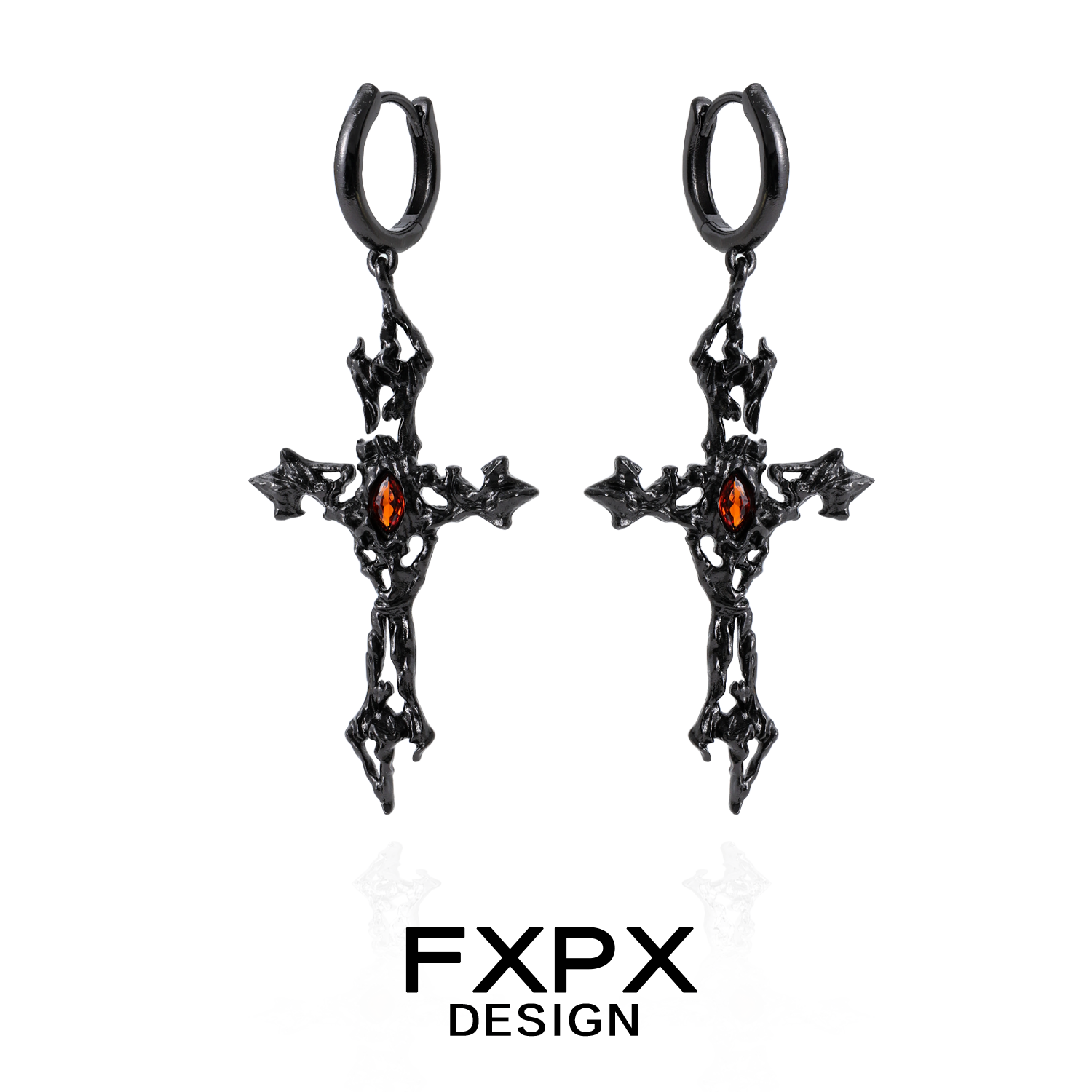 FXPX gothic cross earrings in black metal with intricate design and red gemstones