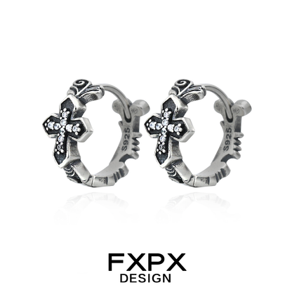FXPX Gothic Cross Earrings in Silver with Sparkling Stones and Intricate Design